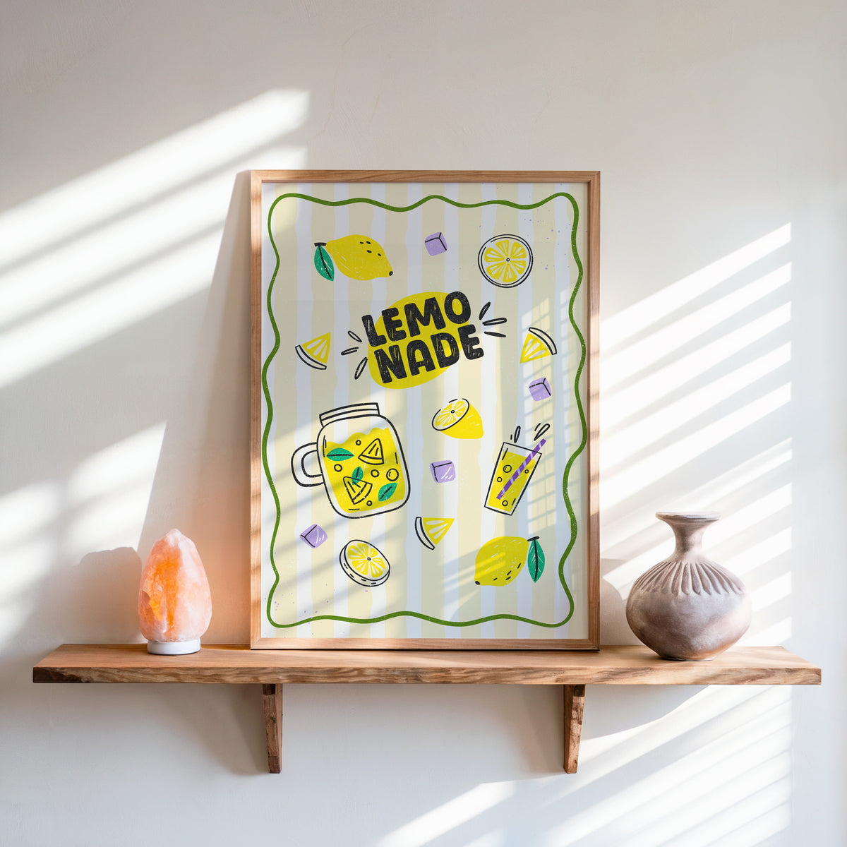 Lemonade Stand print in an oak frame on a live-edge shelf beside a salt lamp