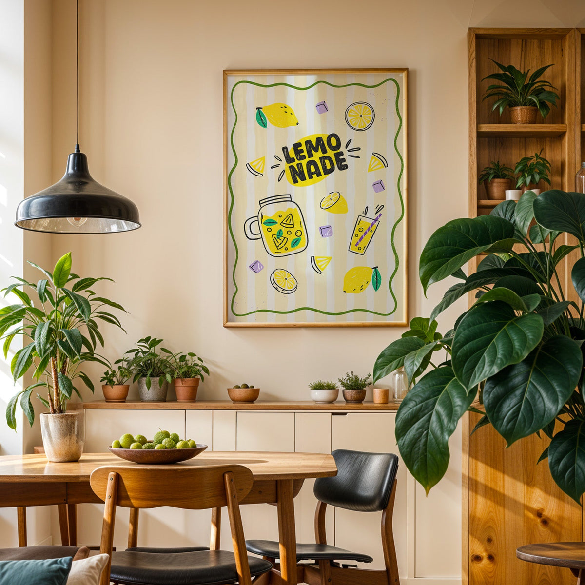 Lemonade Stand print in an oak frame in a dining room above a plant-lined sideboard