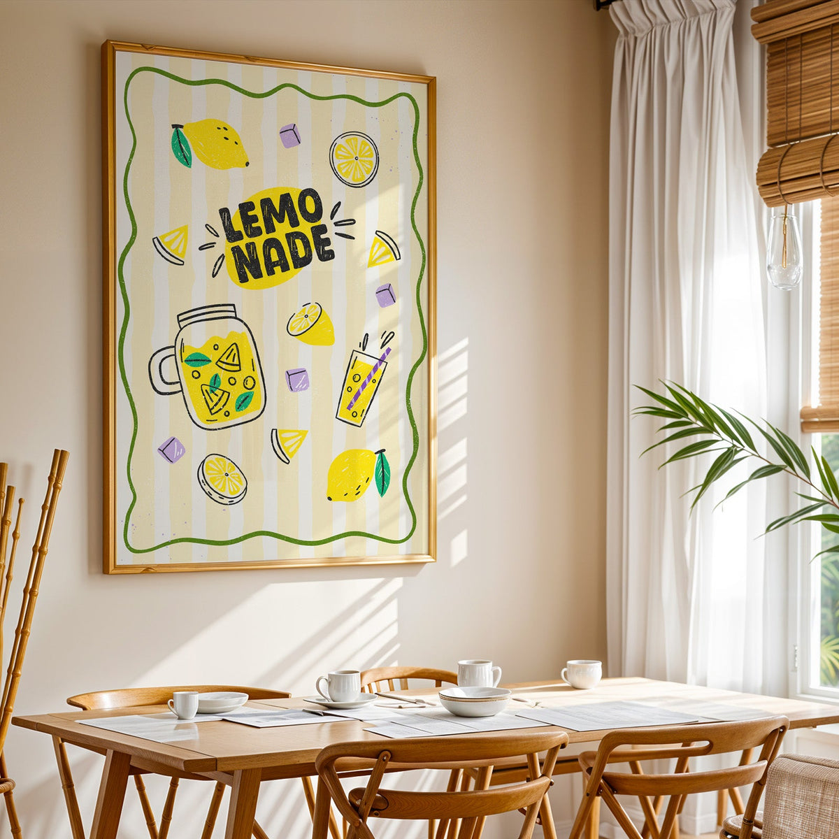 Lemonade Stand print shown in a gold frame above a breakfast table by a curtained window