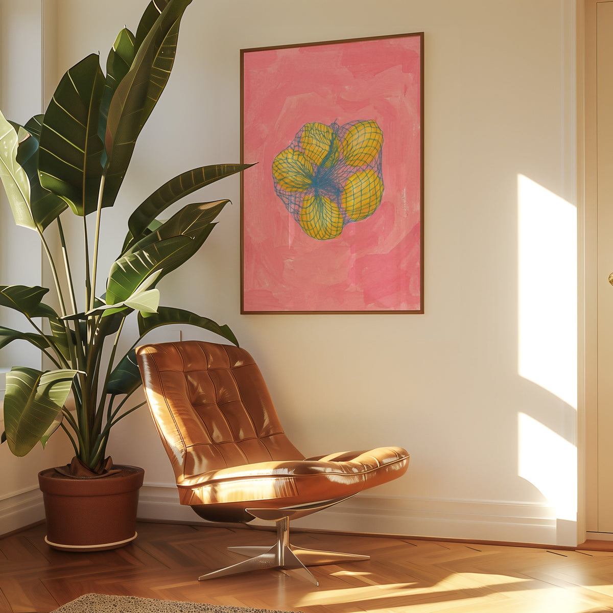 Citrus kitchen print in a slim walnut frame above a tan leather lounge chair