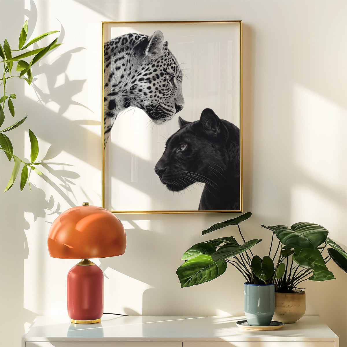 Leopard and black panther facing each other print shown in a gold frame above a white sideboard with an orange lamp