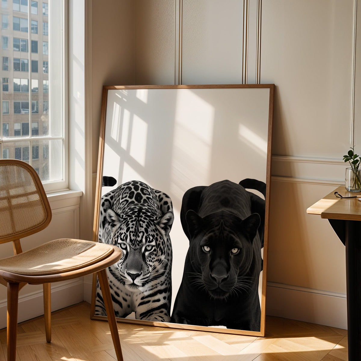 Spotted leopard and black panther facing forward print in an oak frame leaning in a sunlit corner beside a cane chair