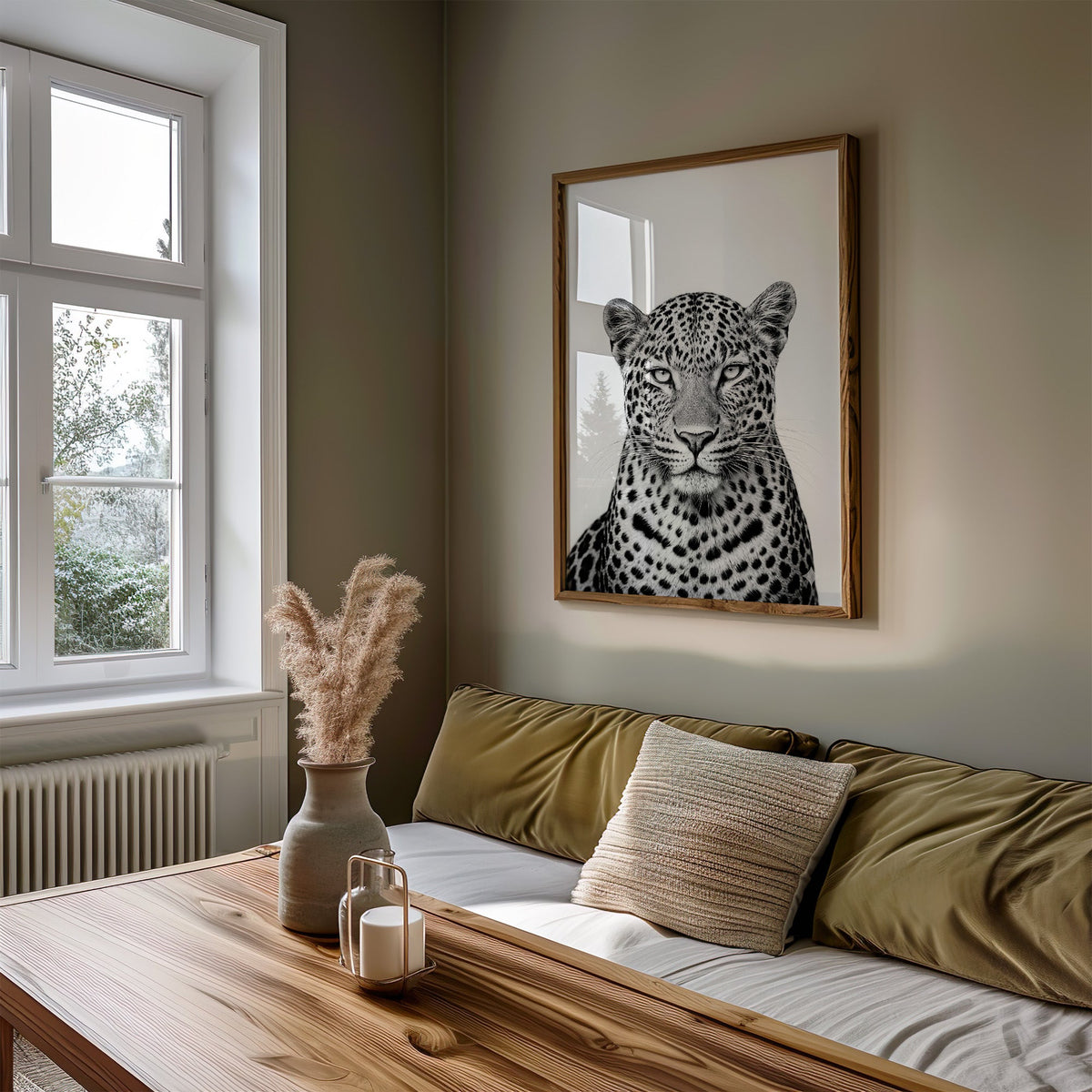 Close front leopard portrait with pale eyes print in a walnut frame above an olive daybed by a window