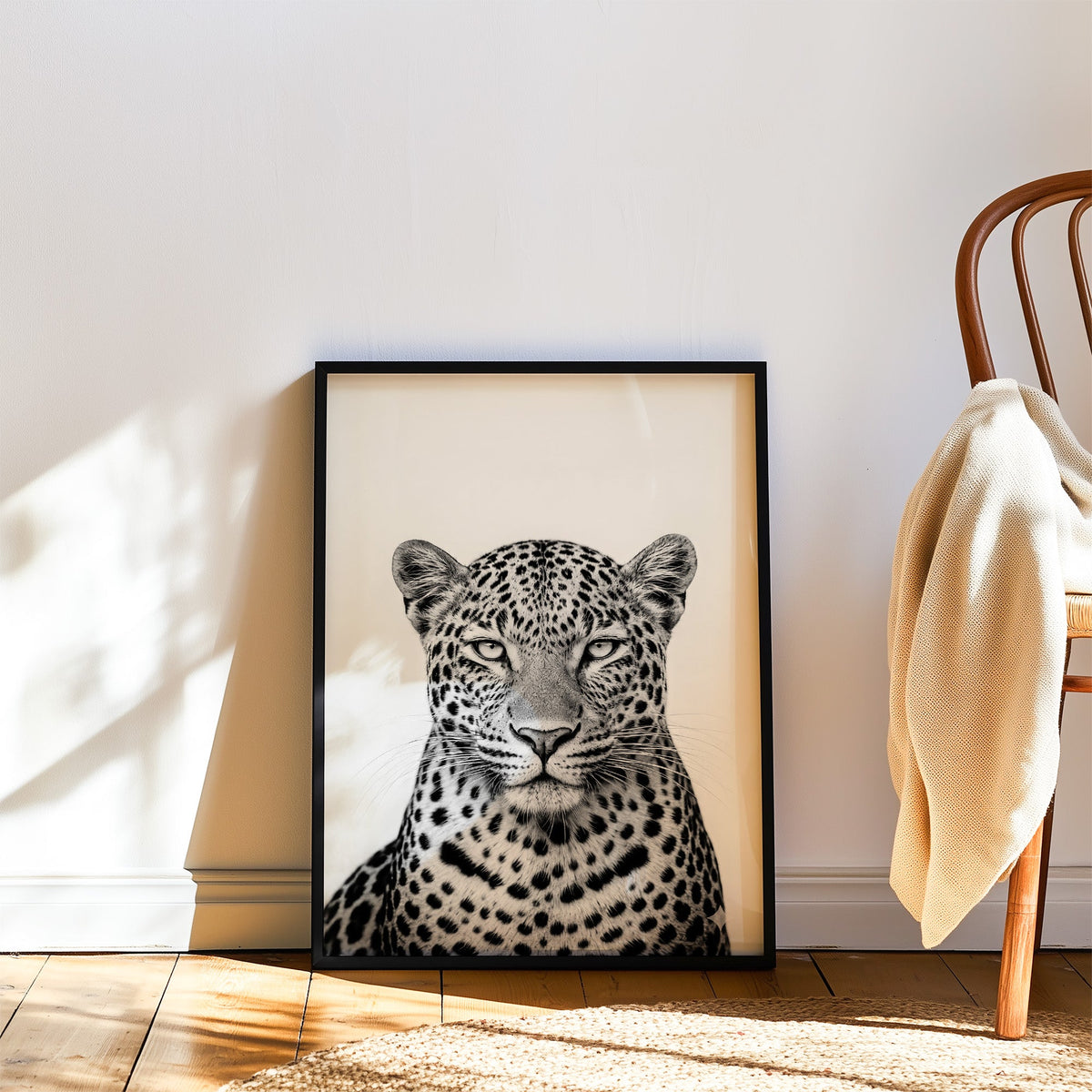 Close front leopard portrait with pale eyes print in a black frame leaning on a wood floor beside a bentwood chair