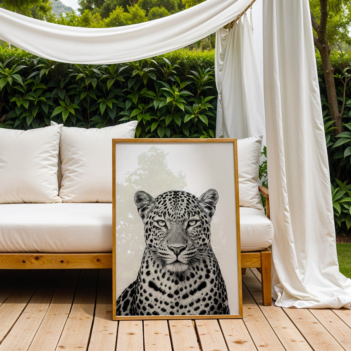 Close front leopard portrait with pale eyes print in an oak frame on an outdoor daybed under white drapes