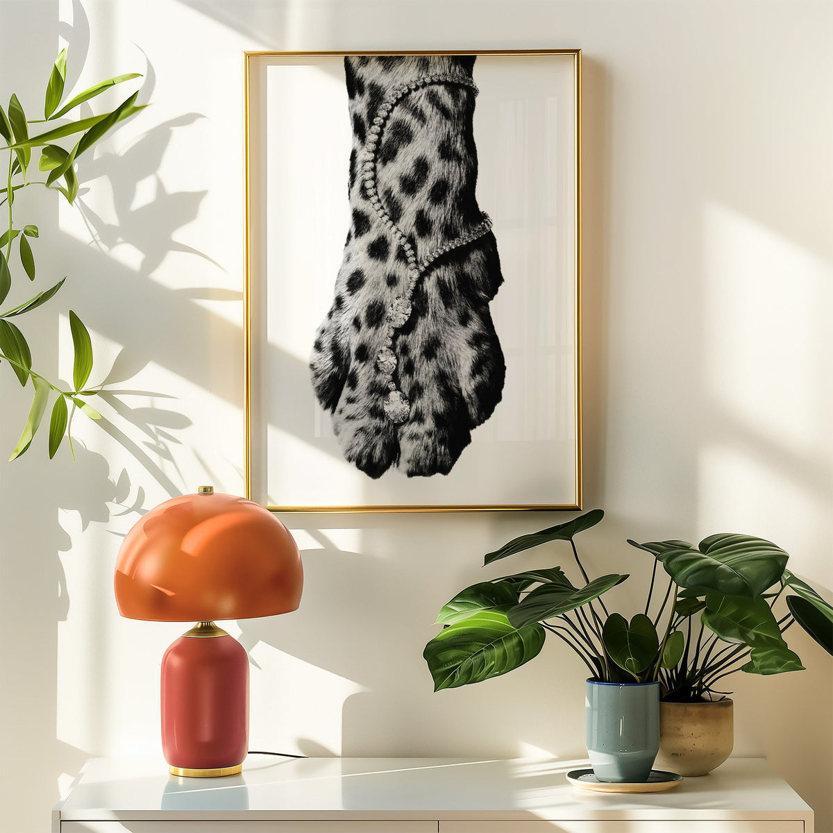 Leopard paw with sparkling stone anklet close-up print shown in a gold frame above a white sideboard with an orange lamp