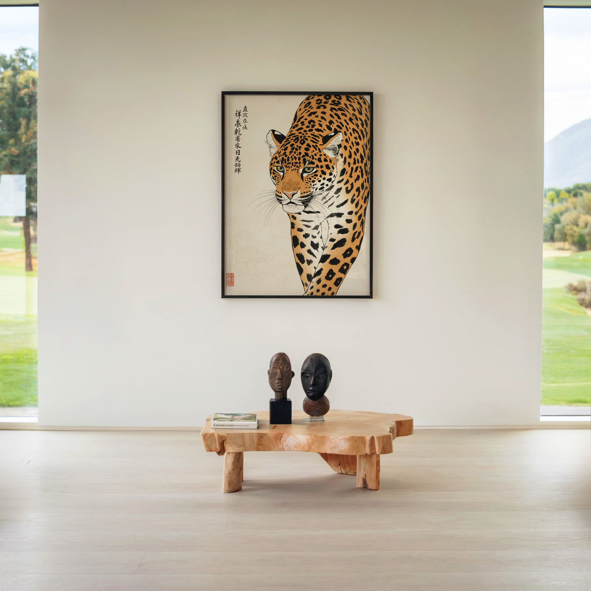prowling leopard with calligraphy print in a black frame above a live-edge wood coffee table between garden windows