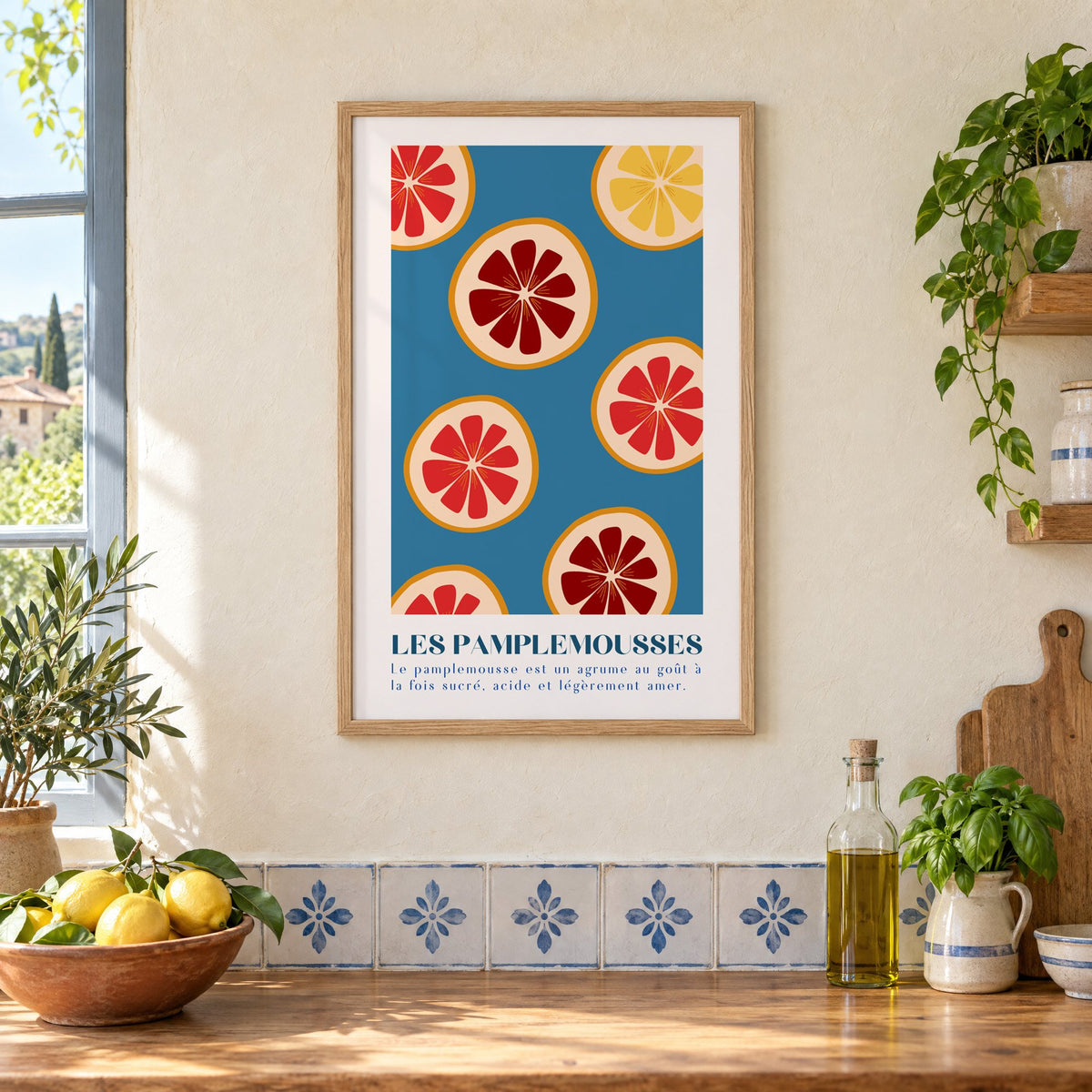 LES PAMPLEMOUSSES grapefruit slices petrol blue print in an oak frame on a cream plaster wall above a worktop with a bowl of lemons and blue-and-white tiles