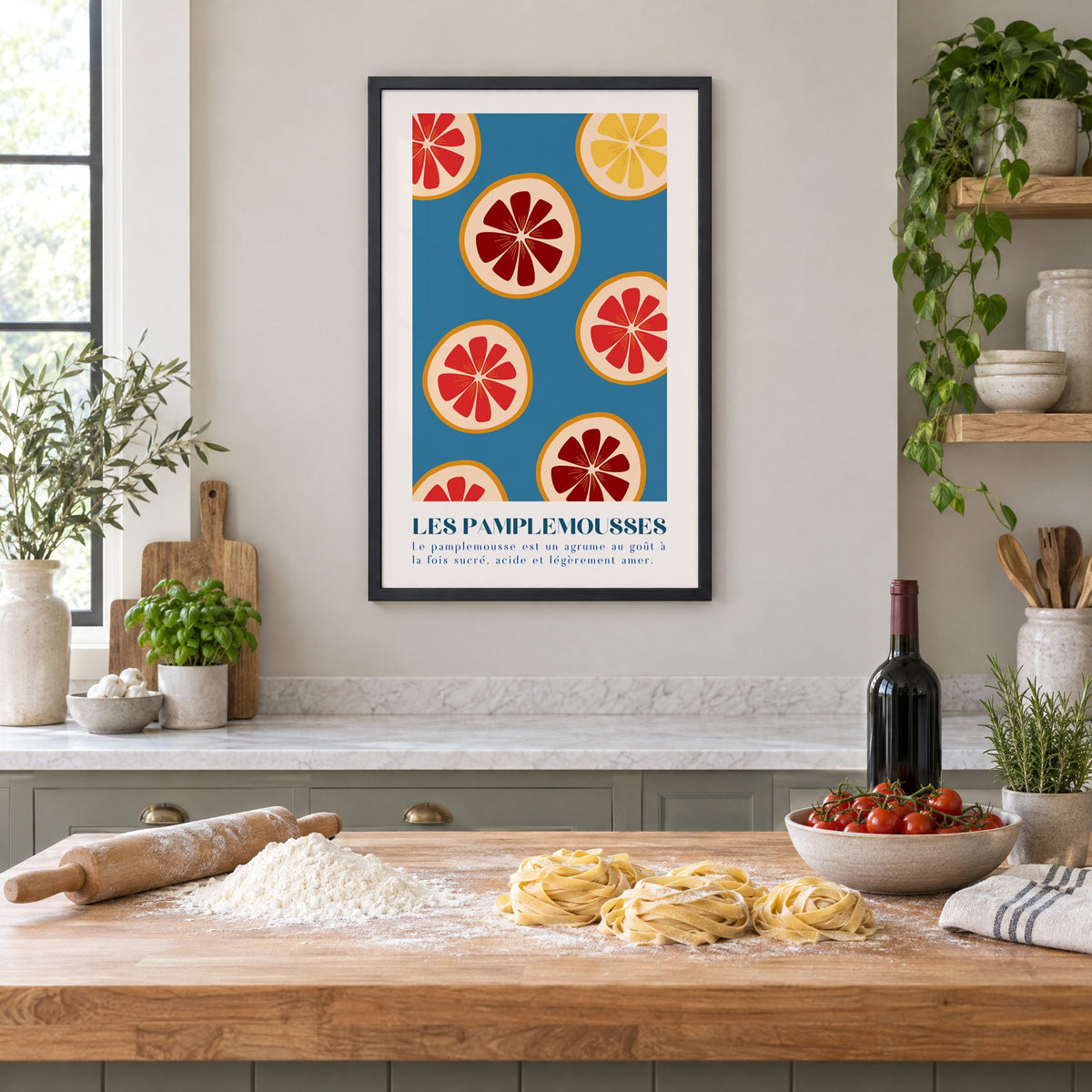 LES PAMPLEMOUSSES grapefruit slices petrol blue print in a black frame above a butcher-block island with fresh pasta, flour and cherry tomatoes