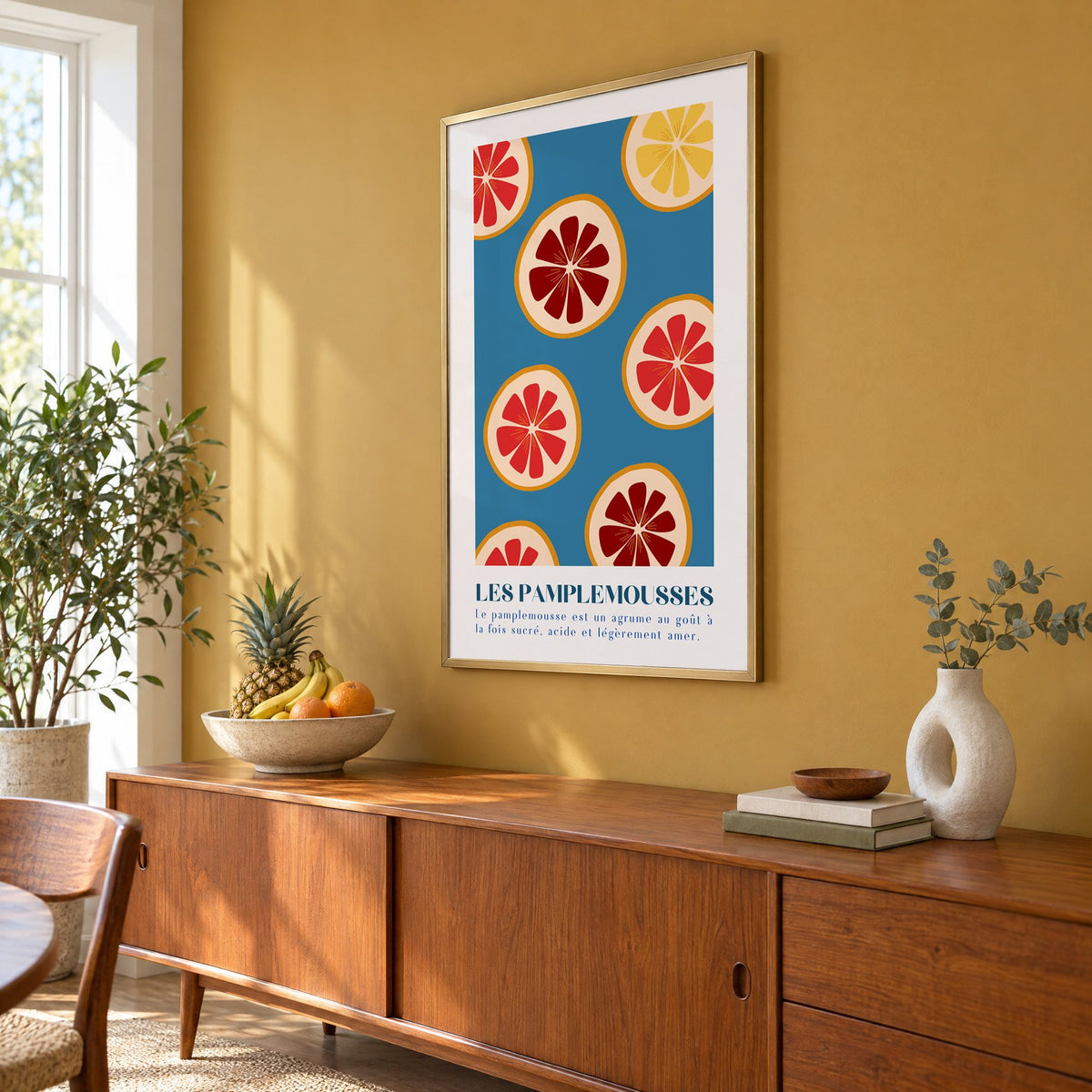 LES PAMPLEMOUSSES grapefruit slices petrol blue print in a brass frame on a mustard wall above a teak sideboard with a fruit bowl, seen at an angle