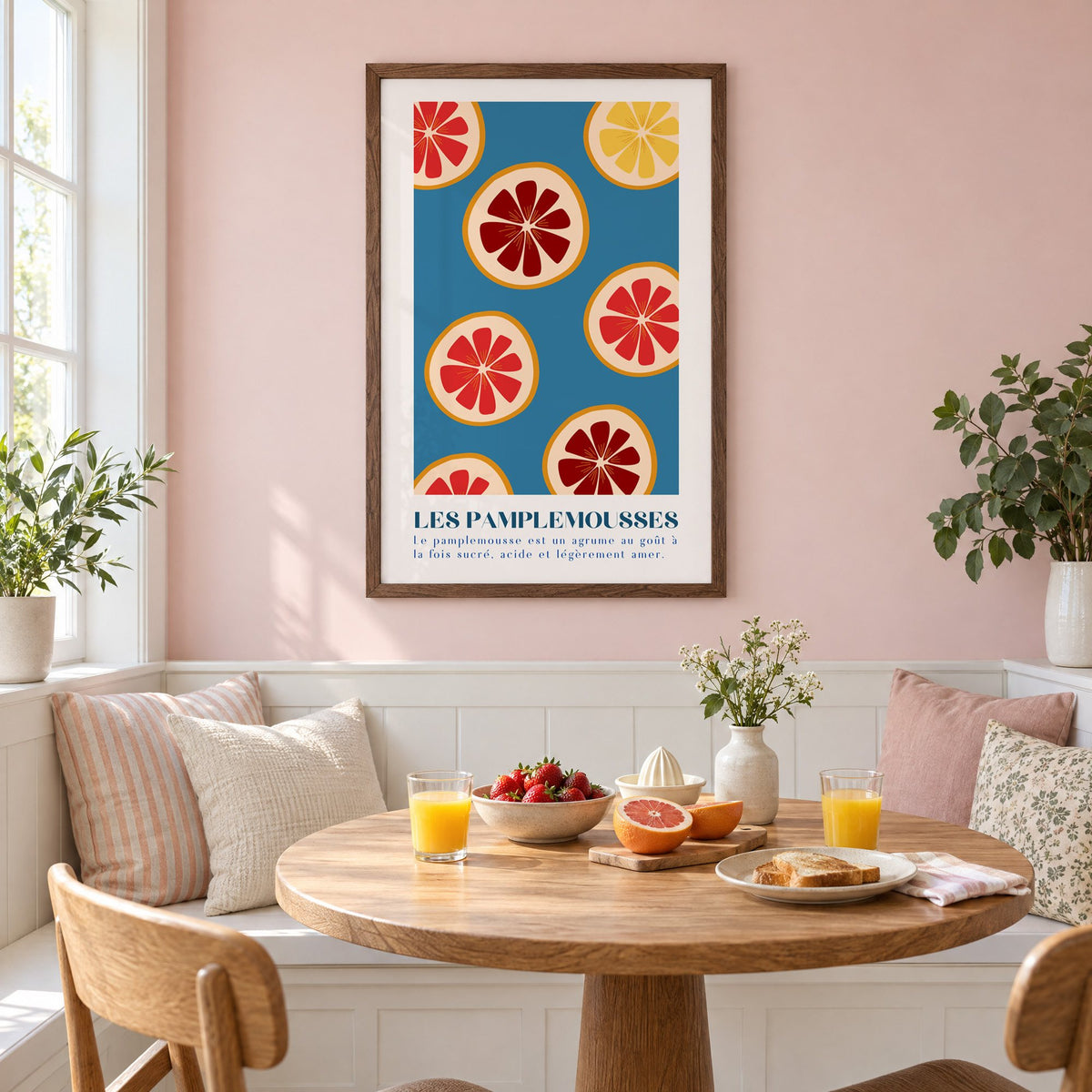 LES PAMPLEMOUSSES grapefruit slices petrol blue print in a walnut frame on a pastel pink wall above a breakfast nook with strawberries and orange juice