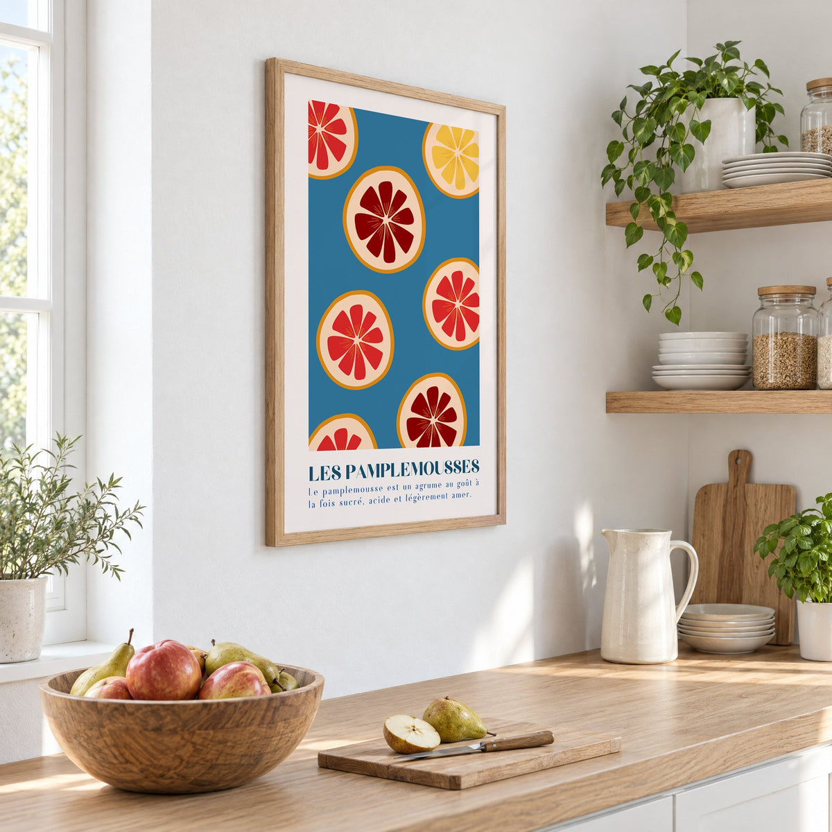 LES PAMPLEMOUSSES grapefruit slices petrol blue print in an oak frame on a white kitchen wall above a counter with apples and pears, seen at an angle