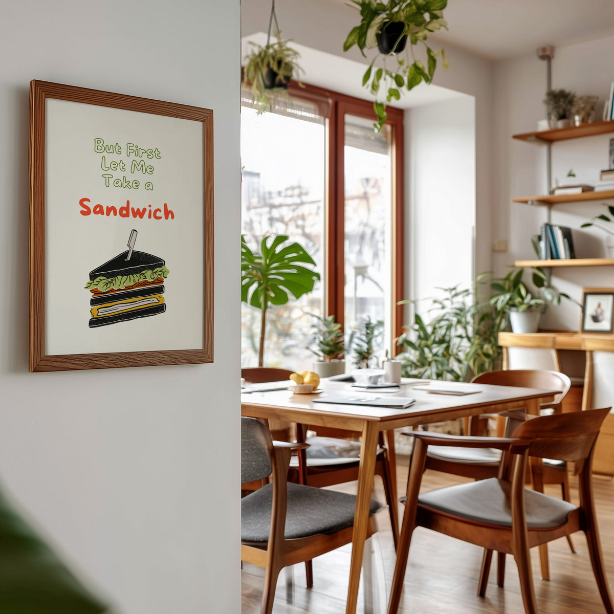 Club sandwich print in a walnut frame beside a mid-century dining table