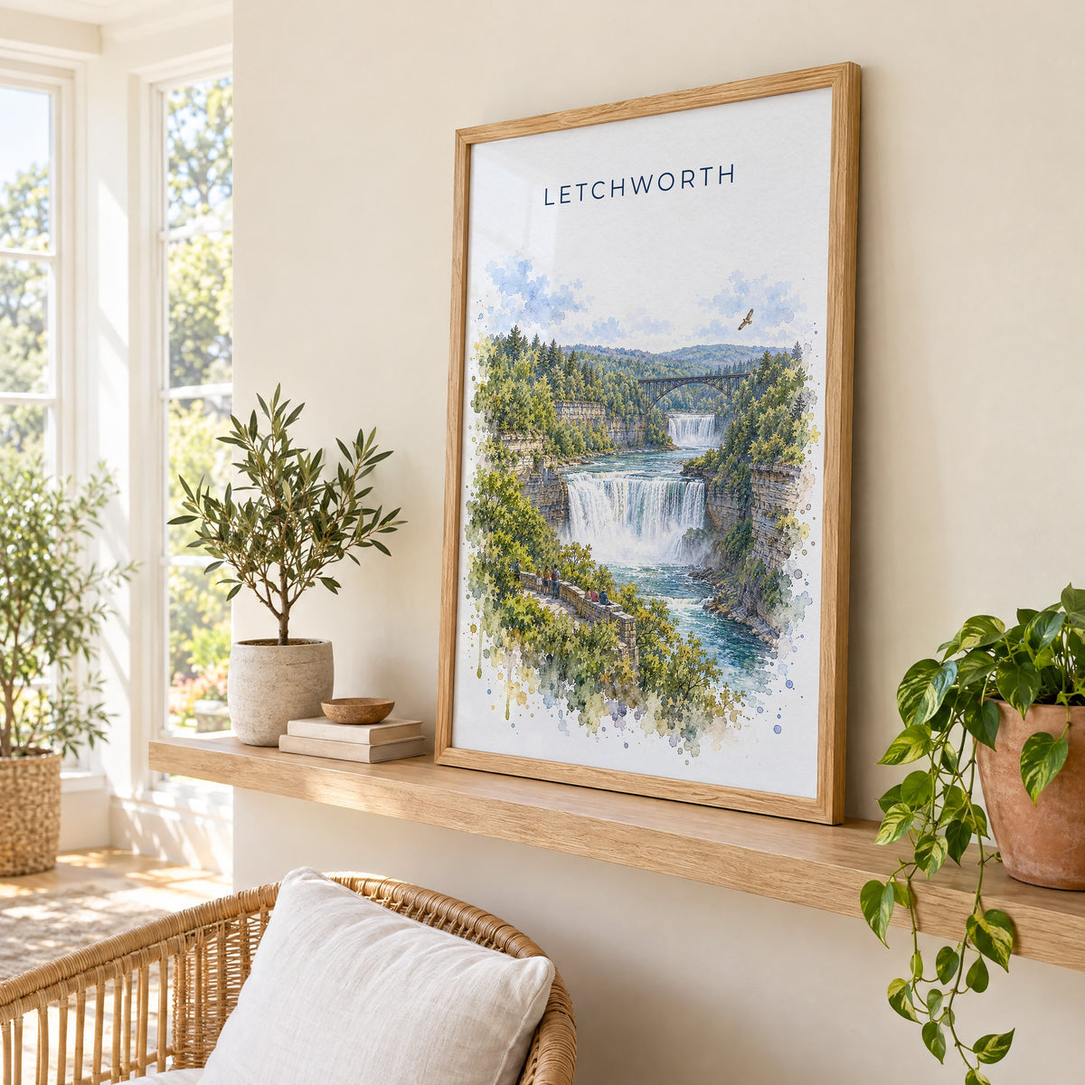 Letchworth State Park watercolor print in an oak frame on a picture ledge in a sunlit sunroom