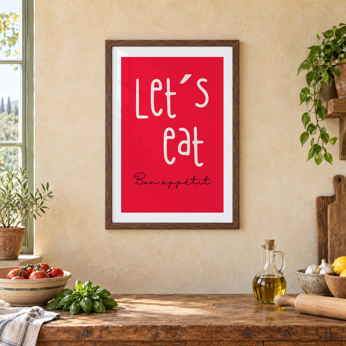 Let's eat red block print in a walnut frame above a rustic Italian kitchen table with tomatoes