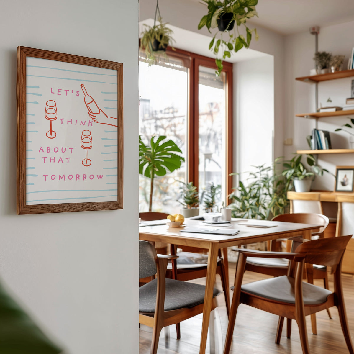 Wine pour line print in a walnut frame beside a mid-century dining table