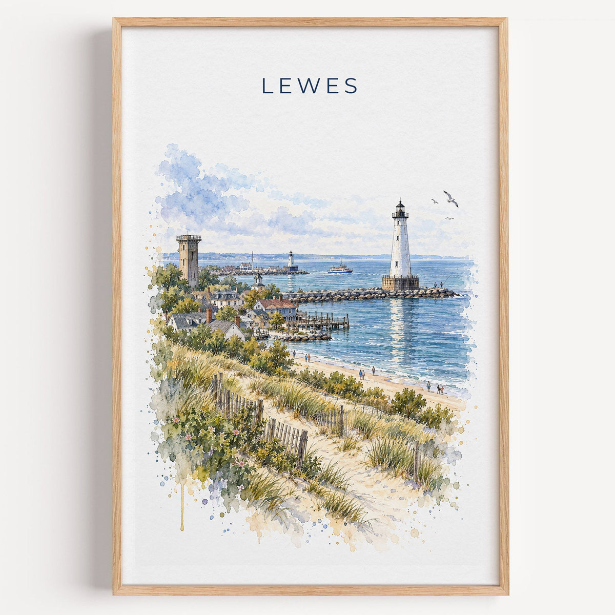 Lewes, Delaware watercolor print in a light oak frame on a plain white wall