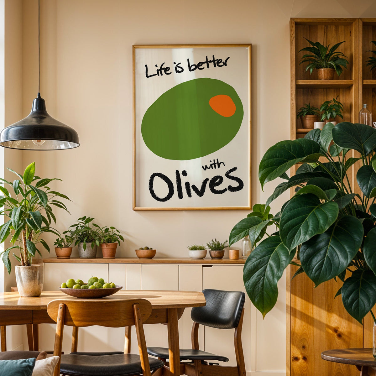 Life is better with olives print in an oak frame above a sideboard in a dining room