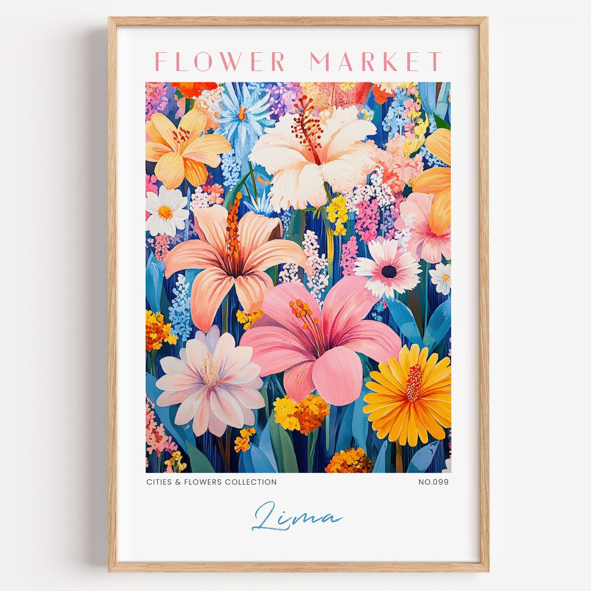 Lima flower market print in a light oak frame on a plain white wall