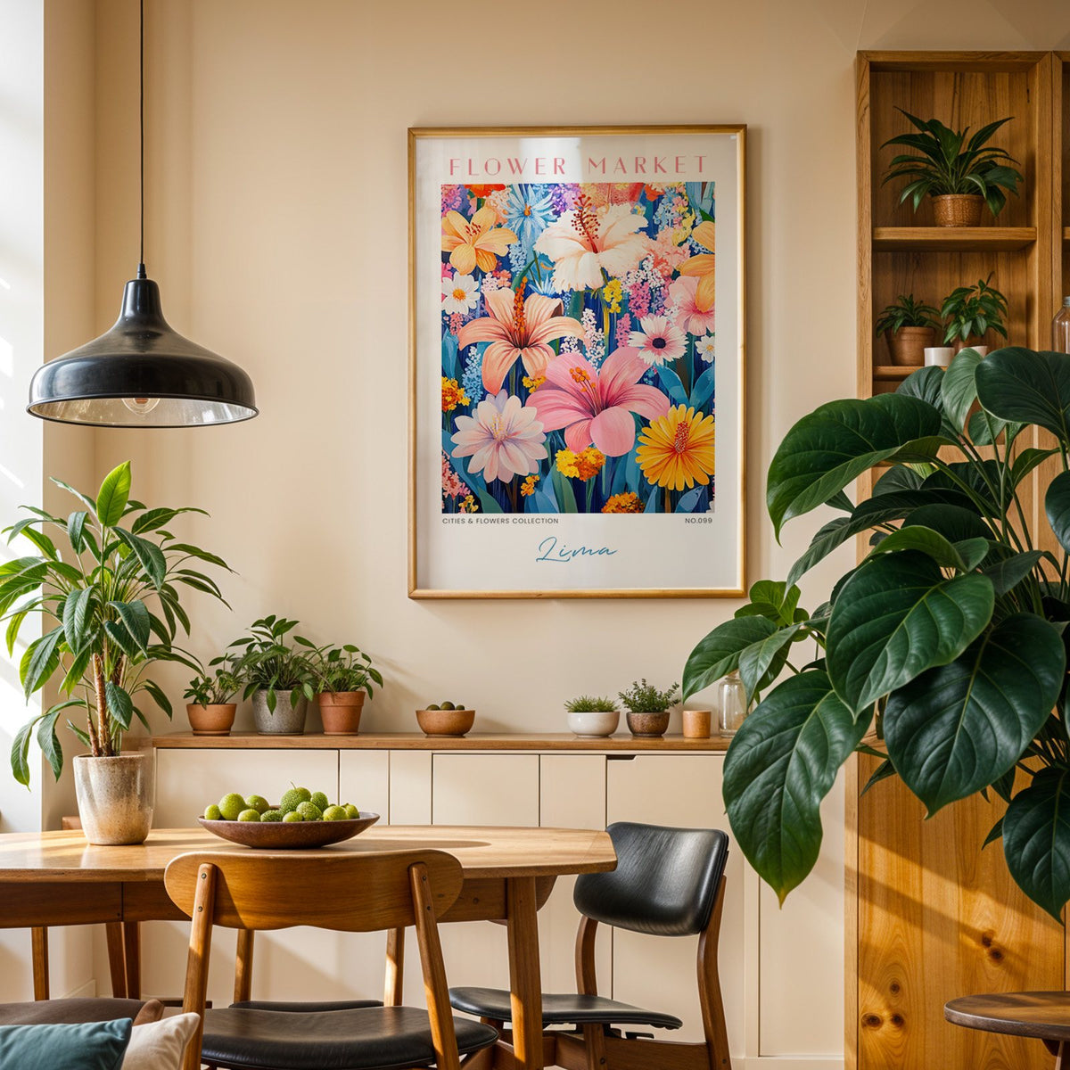 Lima flower market print in an oak frame above a dining sideboard lined with potted plants
