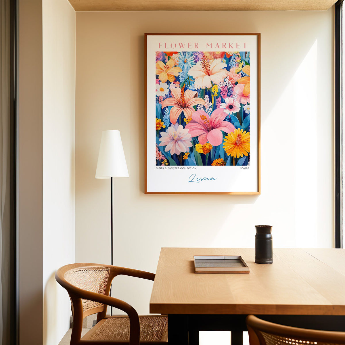 Lima flower market print in an oak frame above a dining table and cane chair