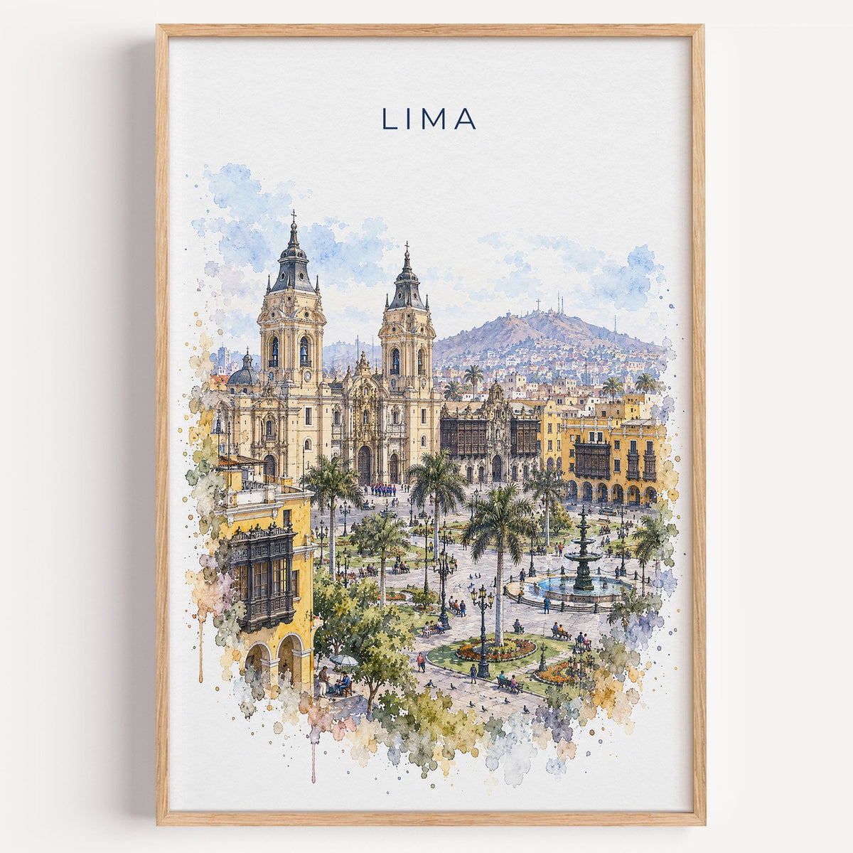 Lima, Peru watercolor print in a light oak frame on a plain white wall
