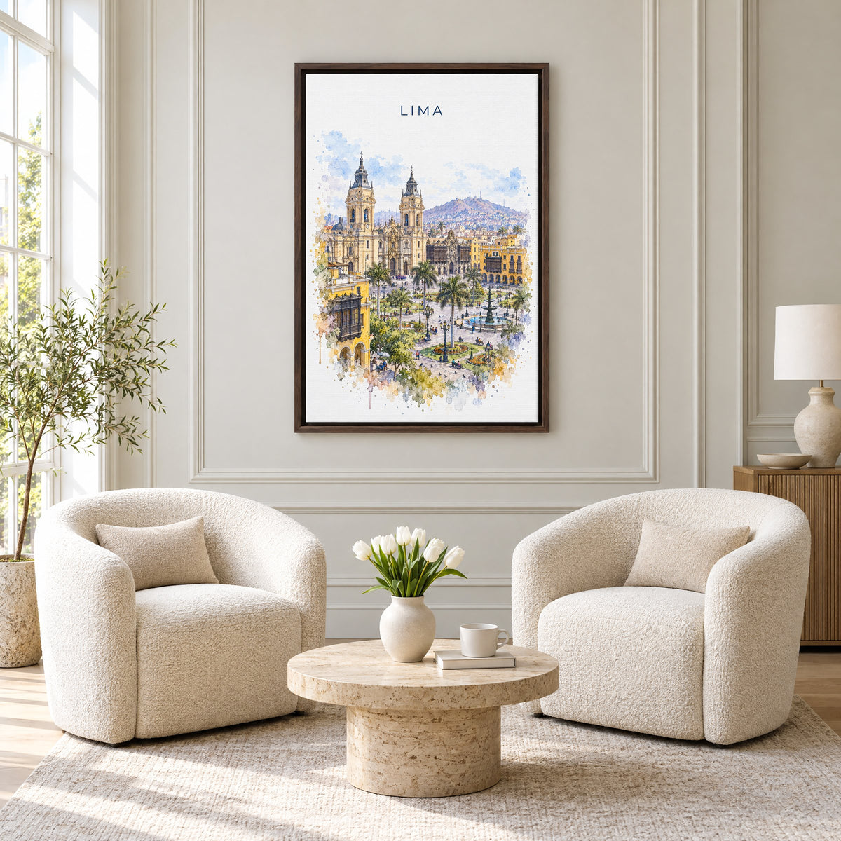 Lima, Peru watercolor print as an espresso floater canvas above two boucle armchairs in a hotel lounge