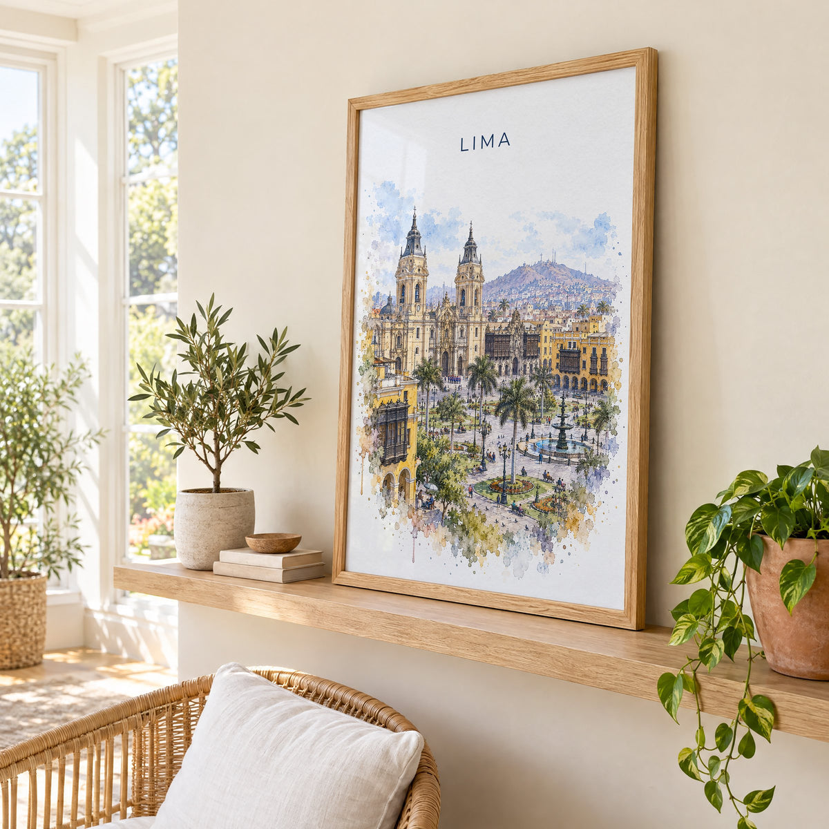 Lima, Peru watercolor print in an oak frame on a picture ledge in a sunlit sunroom