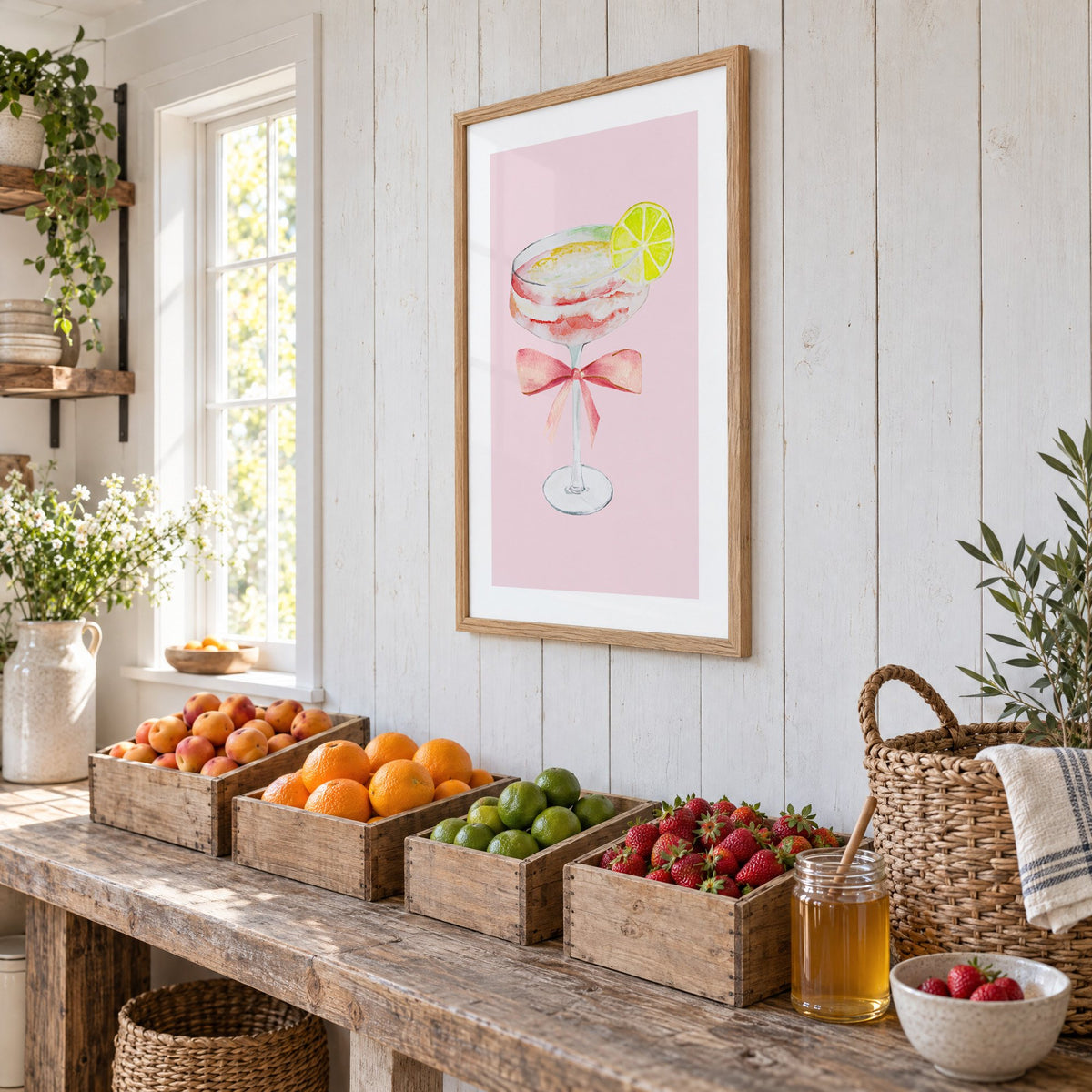 lime coupe cocktail pink bow watercolor print in an oak frame on white plank walls above wooden crates of fresh fruit, seen at an angle