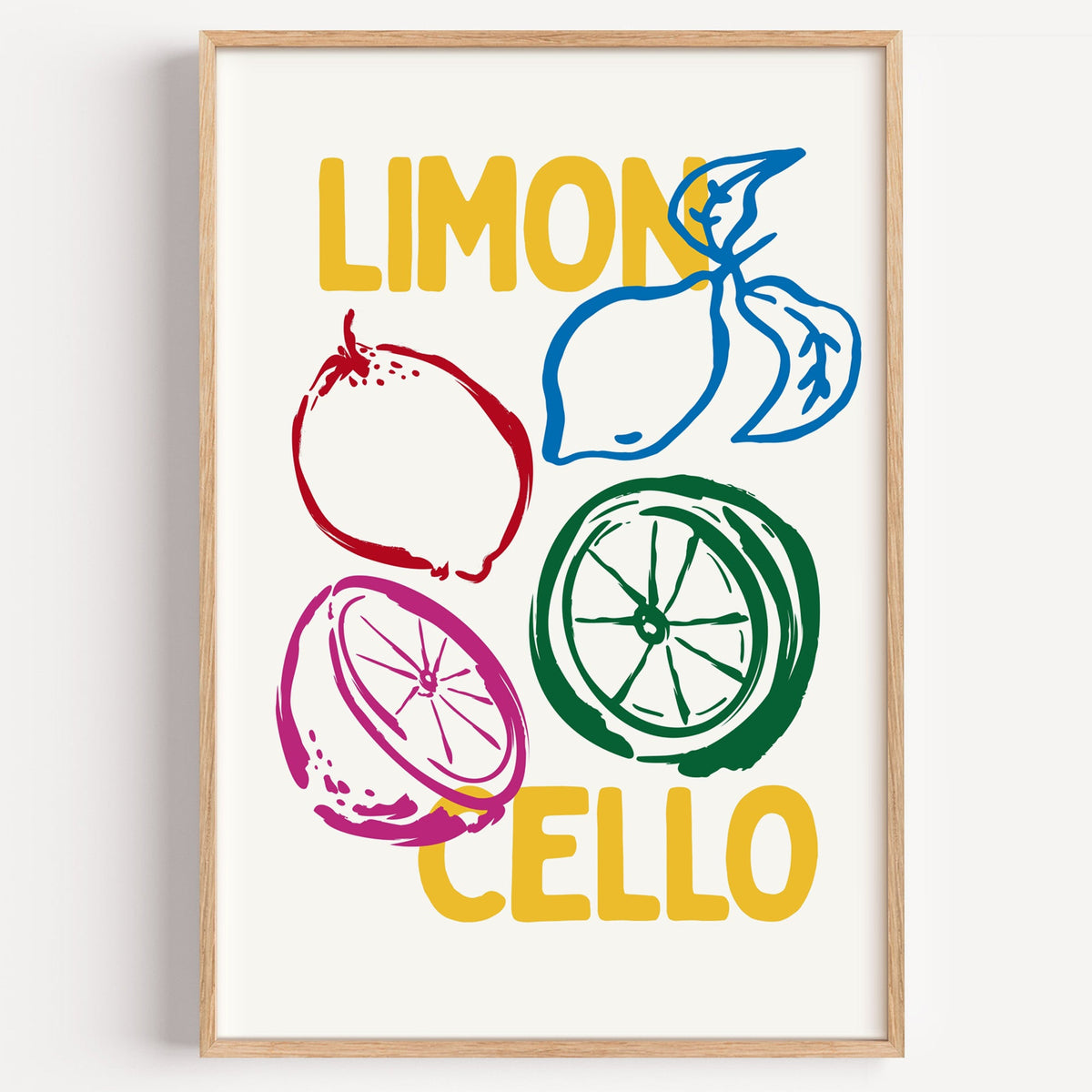 Limoncello citrus sketch print in a light oak frame on a plain white wall