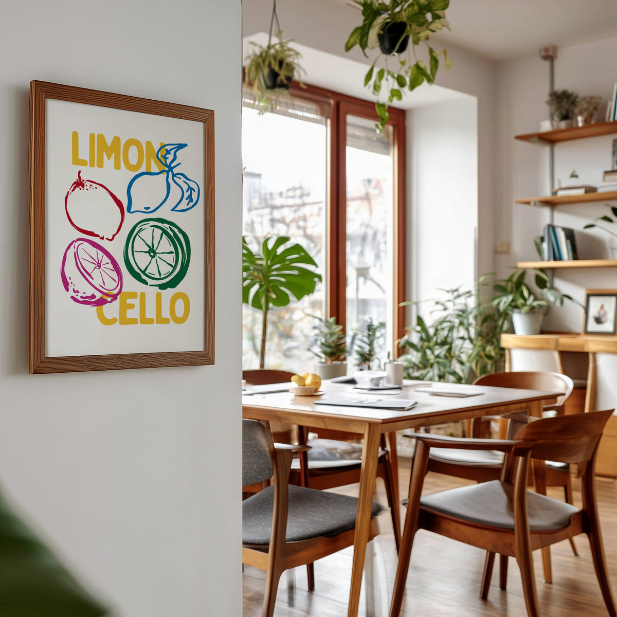 Limoncello lemon sketch print in a walnut frame beside a mid-century dining table