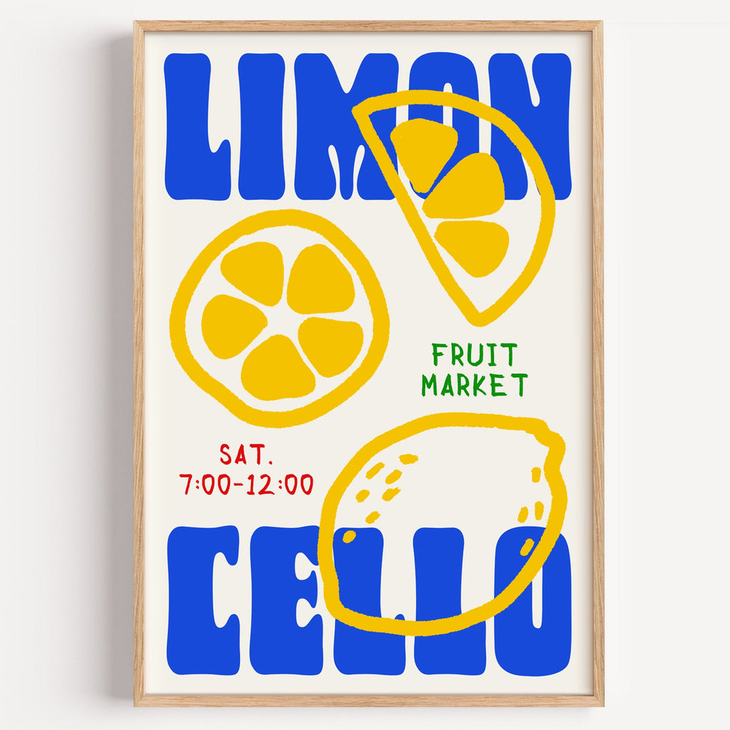 Limoncello lemon print in a light oak frame on a plain white wall