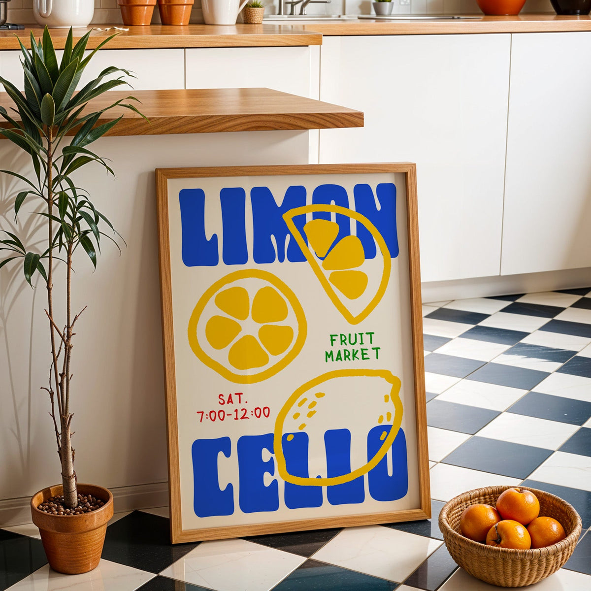 Limoncello lemon print in an oak frame by a kitchen island and checkered floor