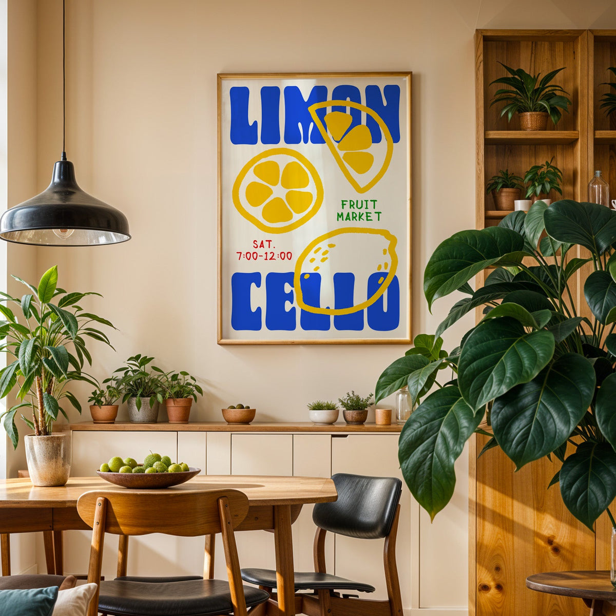 Limoncello lemon print in an oak frame above a sideboard in a plant-filled dining room