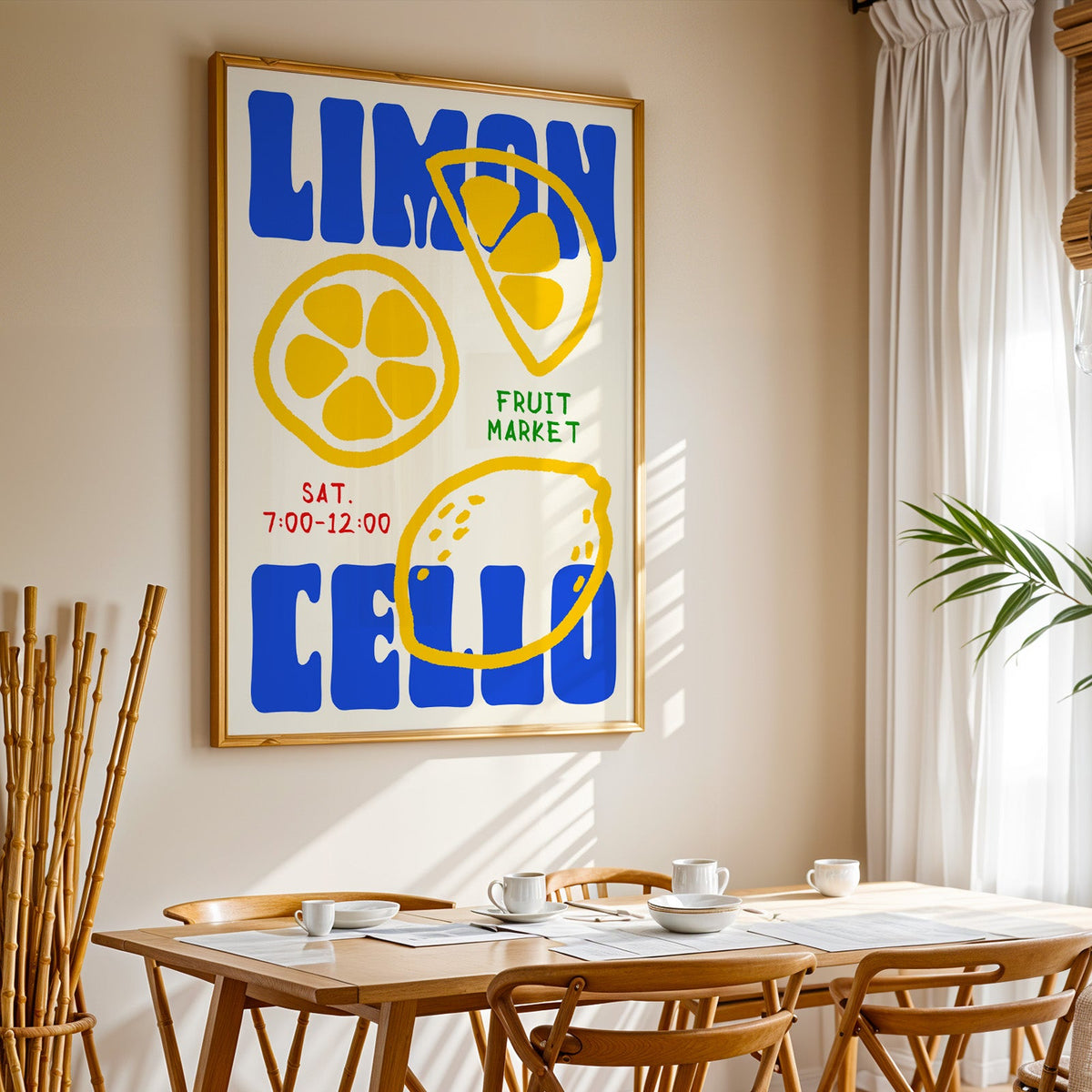 Limoncello lemon print in a gold frame above a sunlit breakfast table