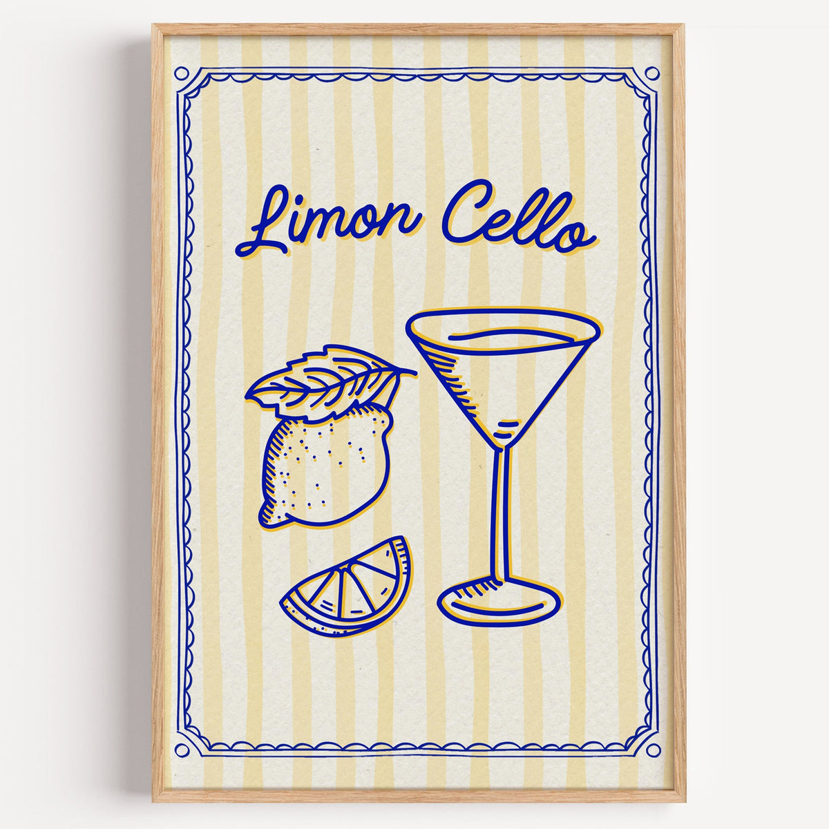 Limoncello lemon martini line print in a light oak frame on a plain white wall
