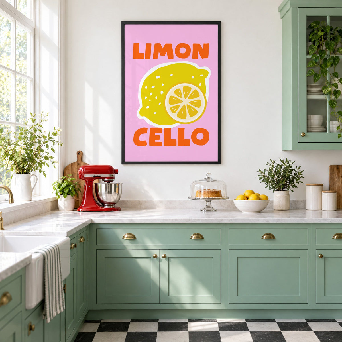 Limon Cello lemon and slice print in a black frame in a mint green retro kitchen above a red stand mixer