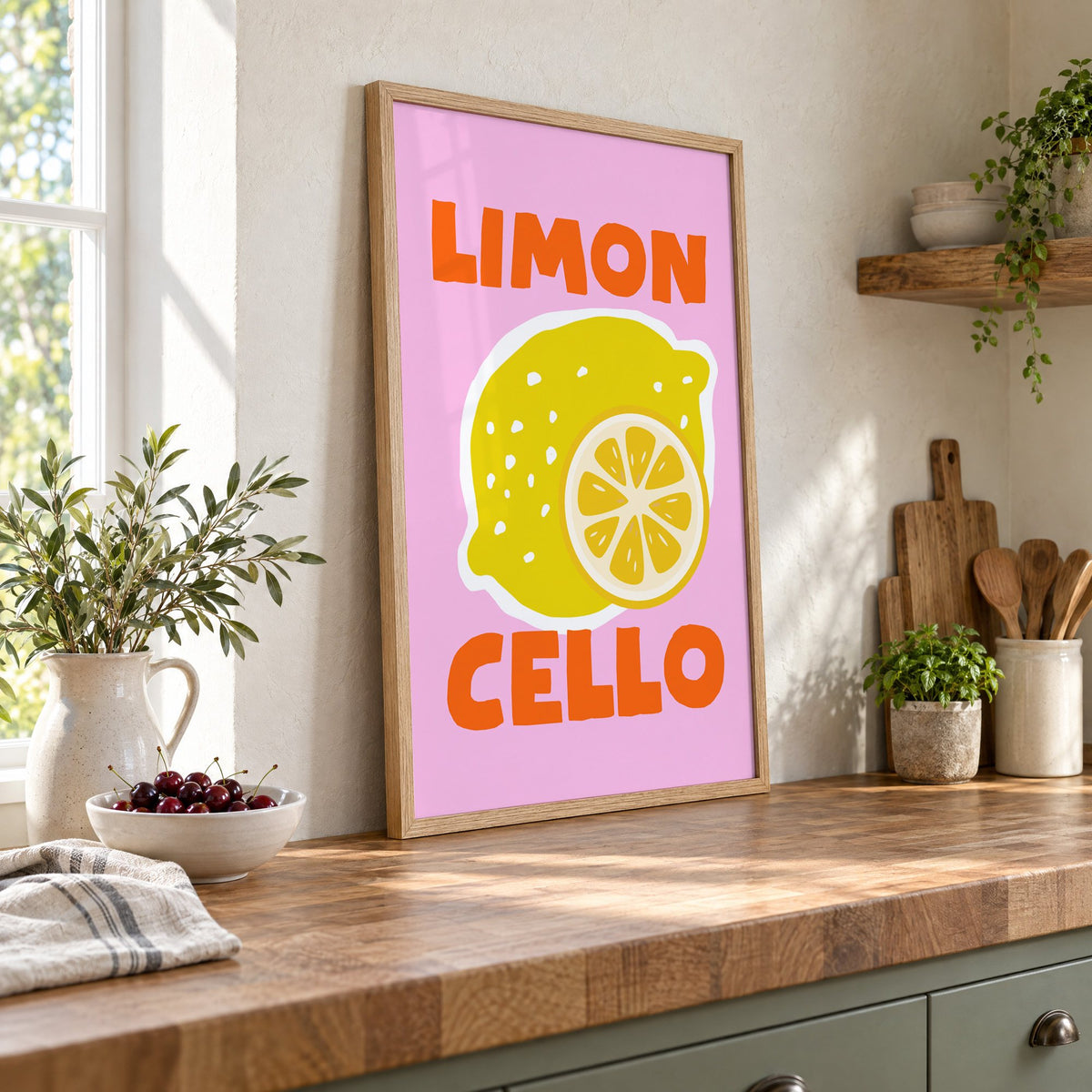 Limon Cello lemon and slice print in an oak frame leaning on a butcher block island beside a bowl of cherries
