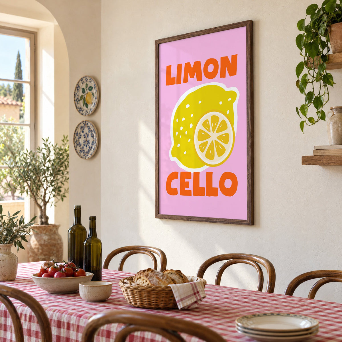 Limon Cello lemon and slice print in a walnut frame above a gingham-covered trattoria table, seen at an angle