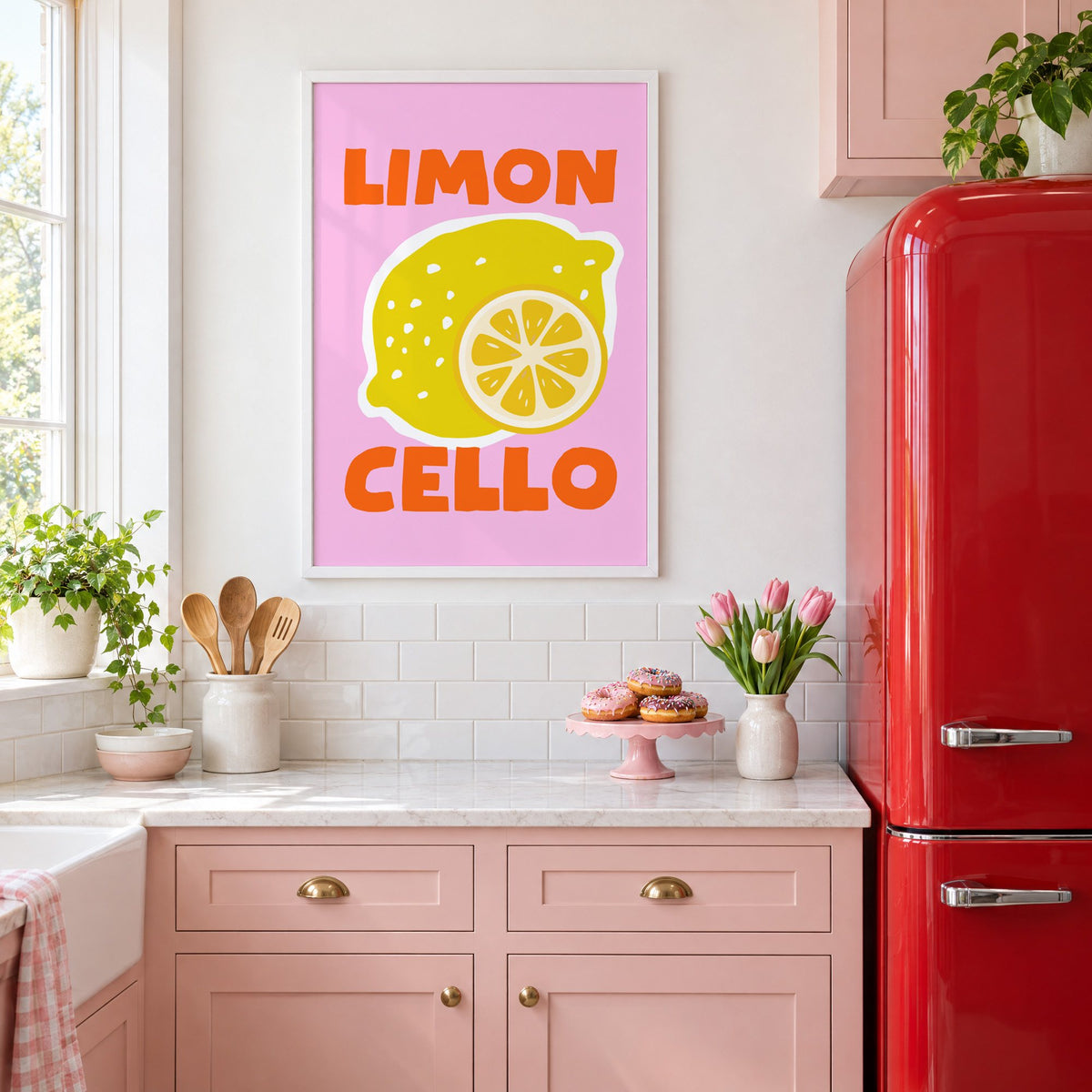 Limon Cello lemon and slice print in a white frame in a pink kitchen beside a red retro fridge
