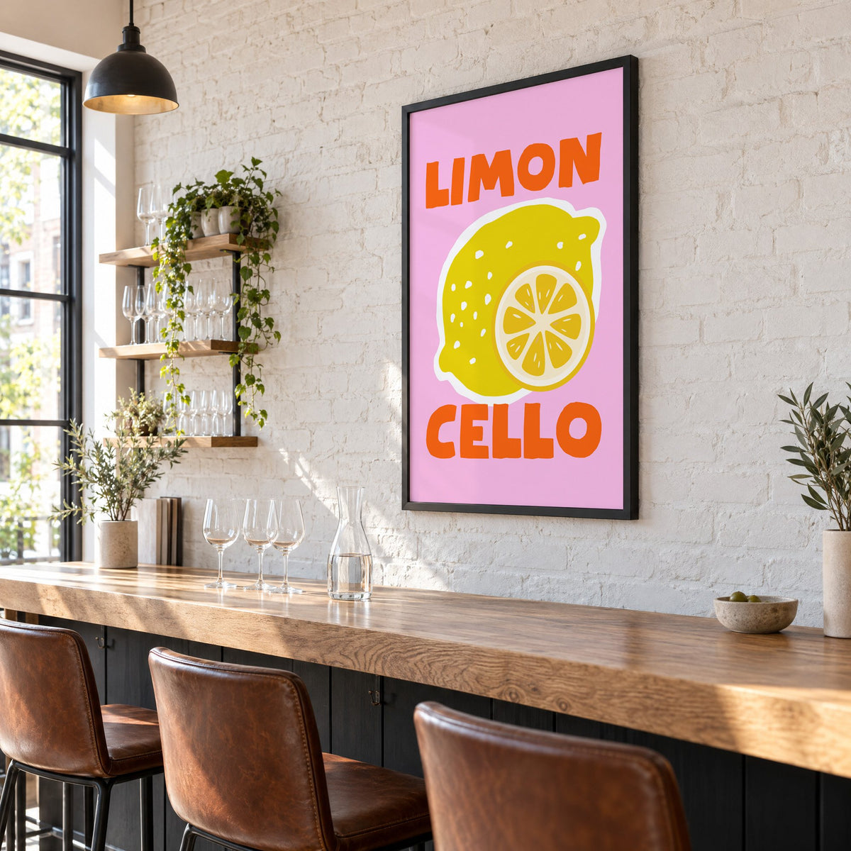 Limon Cello lemon and slice print in a black frame on a white brick wall above a wine bar counter