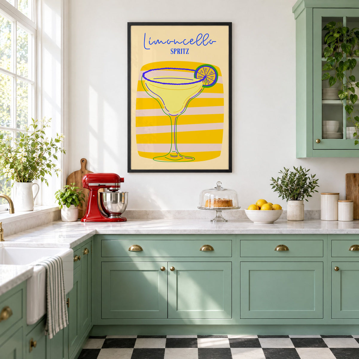 Limoncello Spritz yellow stripe print in a black frame in a mint green retro kitchen above a red stand mixer