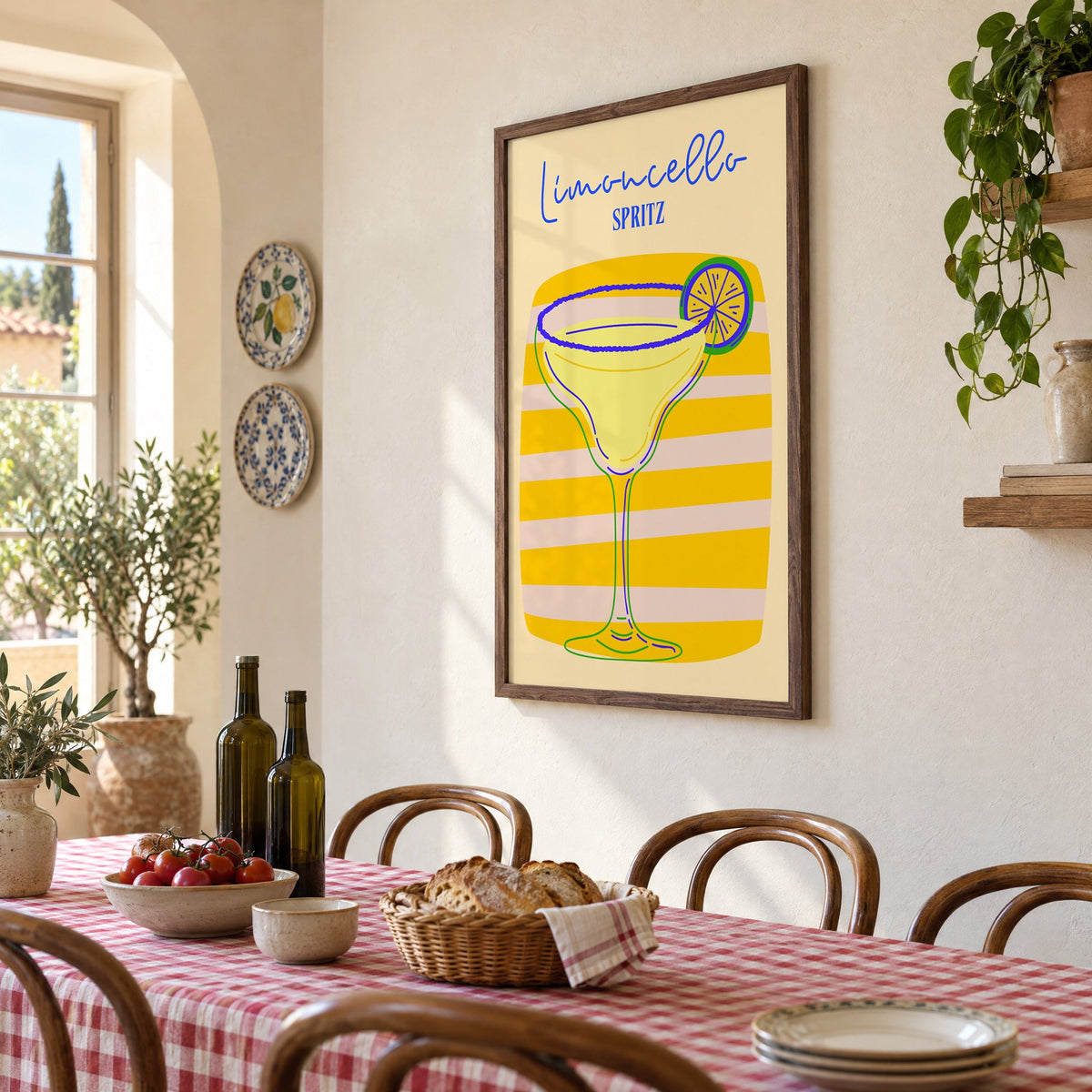 Limoncello Spritz yellow stripe print in a walnut frame above a gingham-covered trattoria table, seen at an angle