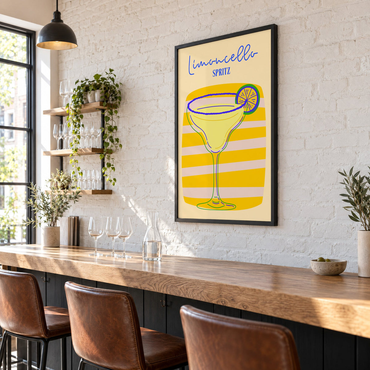 Limoncello Spritz yellow stripe print in a black frame on a white brick wall above a wine bar counter