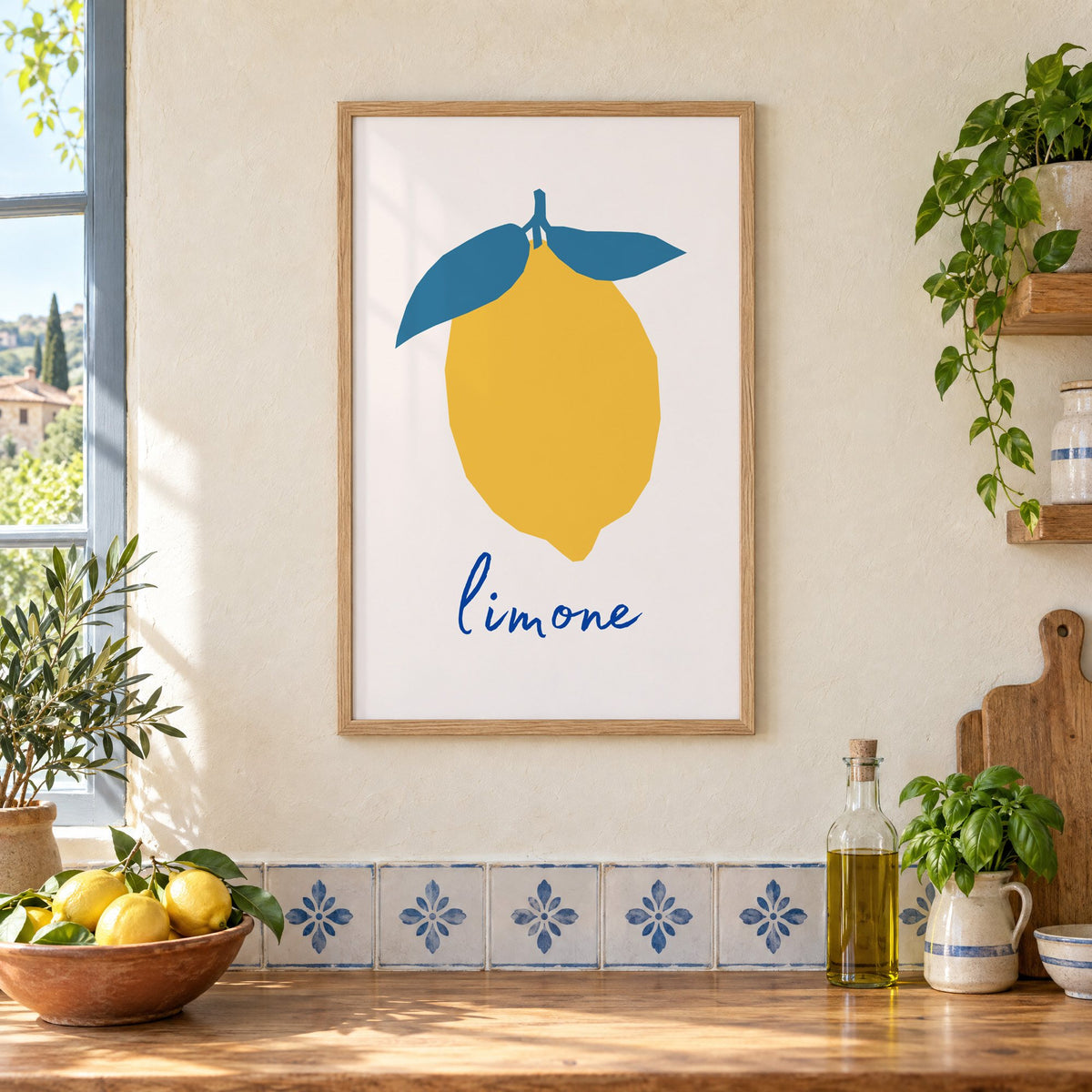 limone yellow cut-paper lemon print in an oak frame on a cream plaster wall above a worktop with a bowl of lemons and blue-and-white tiles