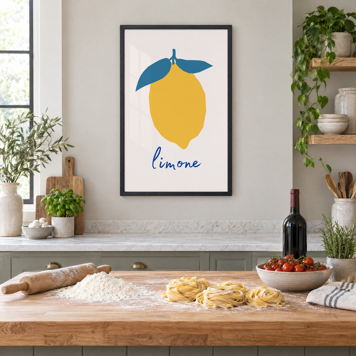 limone yellow cut-paper lemon print in a black frame above a butcher-block island with fresh pasta, flour and cherry tomatoes
