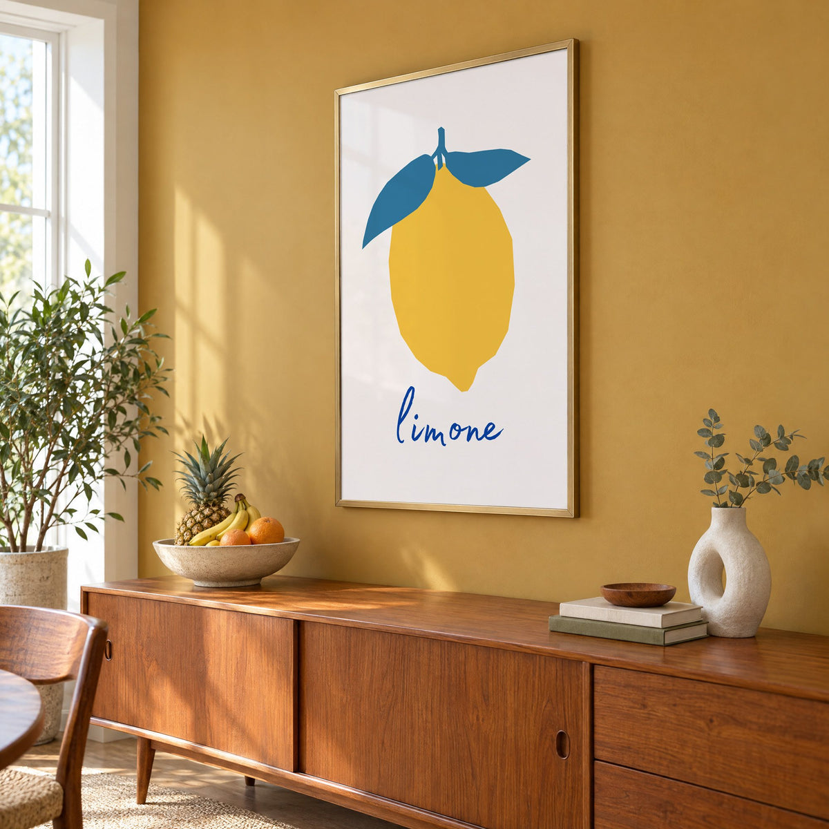 limone yellow cut-paper lemon print in a brass frame on a mustard wall above a teak sideboard with a fruit bowl, seen at an angle