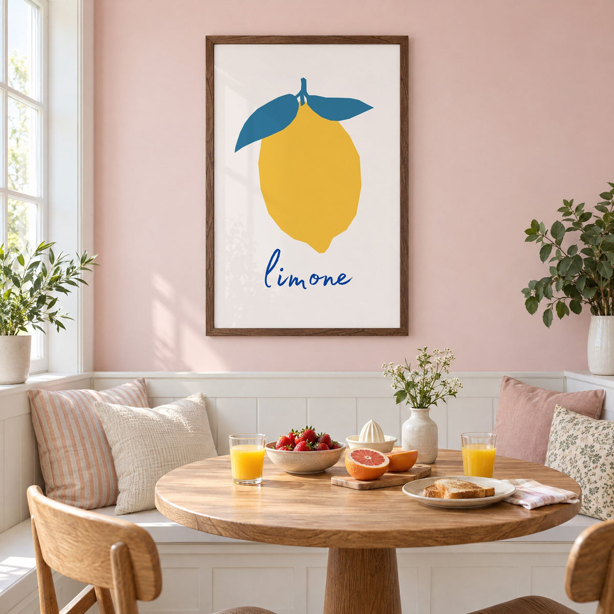 limone yellow cut-paper lemon print in a walnut frame on a pastel pink wall above a breakfast nook with strawberries and orange juice
