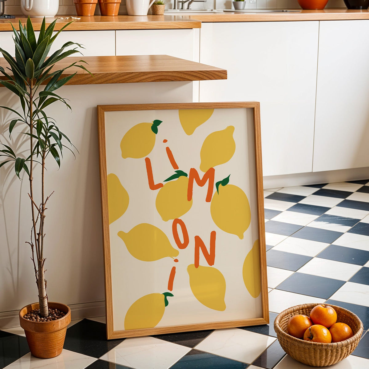 Limoni lemon pattern print in an oak frame by a kitchen island and checkered floor