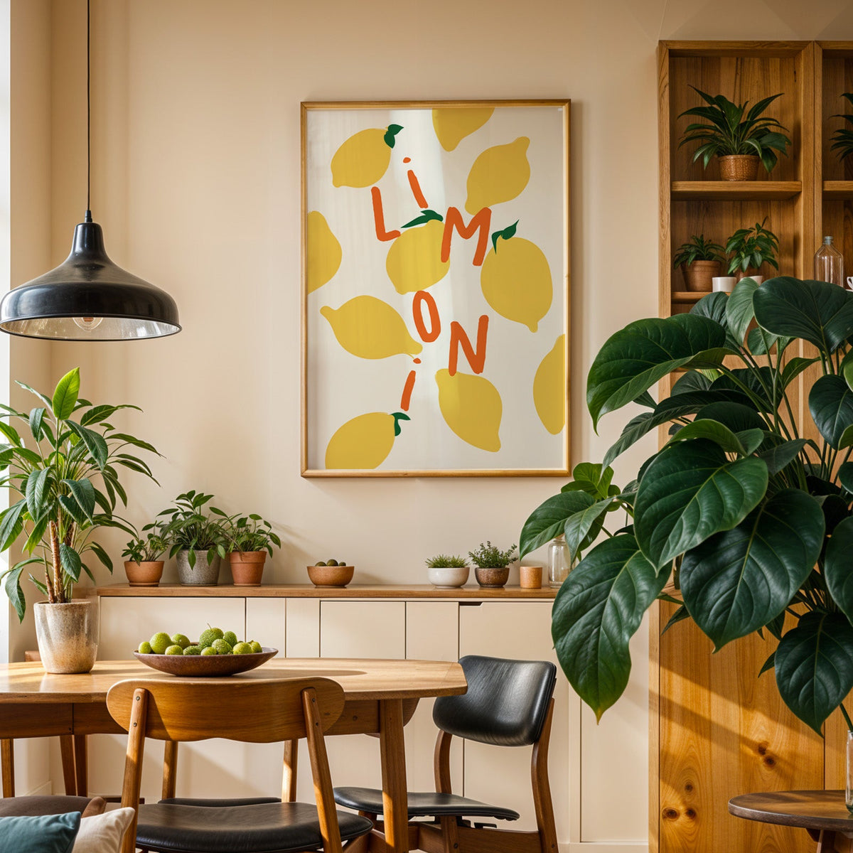 Limoni lemon pattern print in an oak frame above a sideboard in a plant-filled dining room